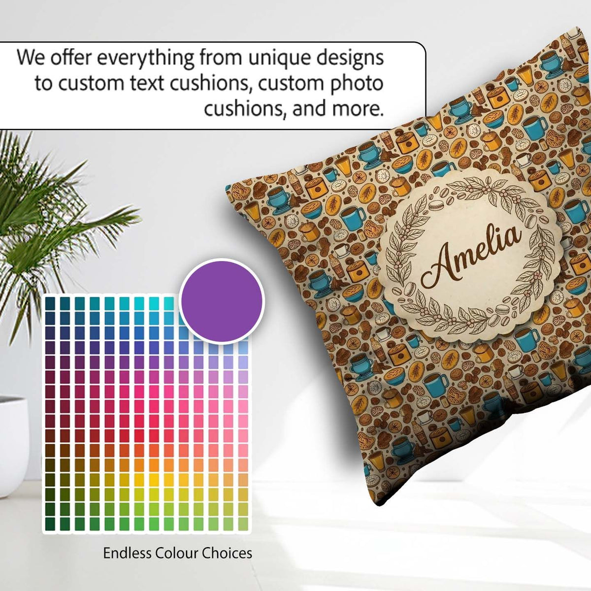 Custom Name Bakery Coffee and Pastries Cozy Food Seamless Lovely Square Filled Cushion Throw Pillow Sofa Bed Home Decor Zip Washable UK Made