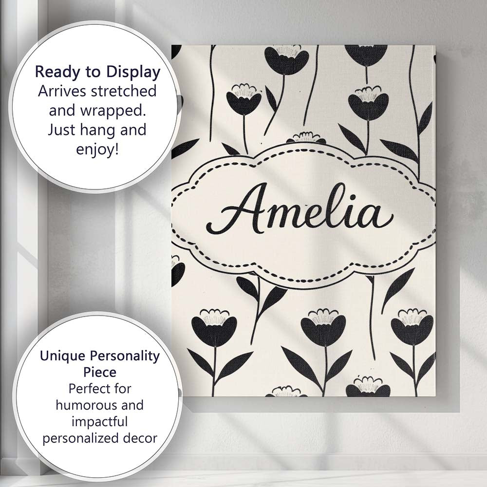 Personalised Name Scandinavian Floral Stems Black Cream Simple Custom Modern Room Accent Canvas Wall Art Print Decor Picture Ready to Hang