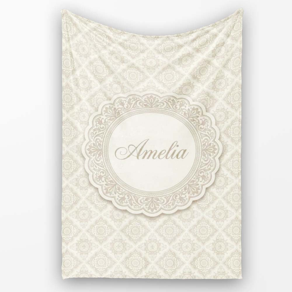 Elegant Beige Damask Floral Classic Seamless Pattern Lovely Personalised Custom Name Super Soft Fleece Blanket Bed Sofa Throw
