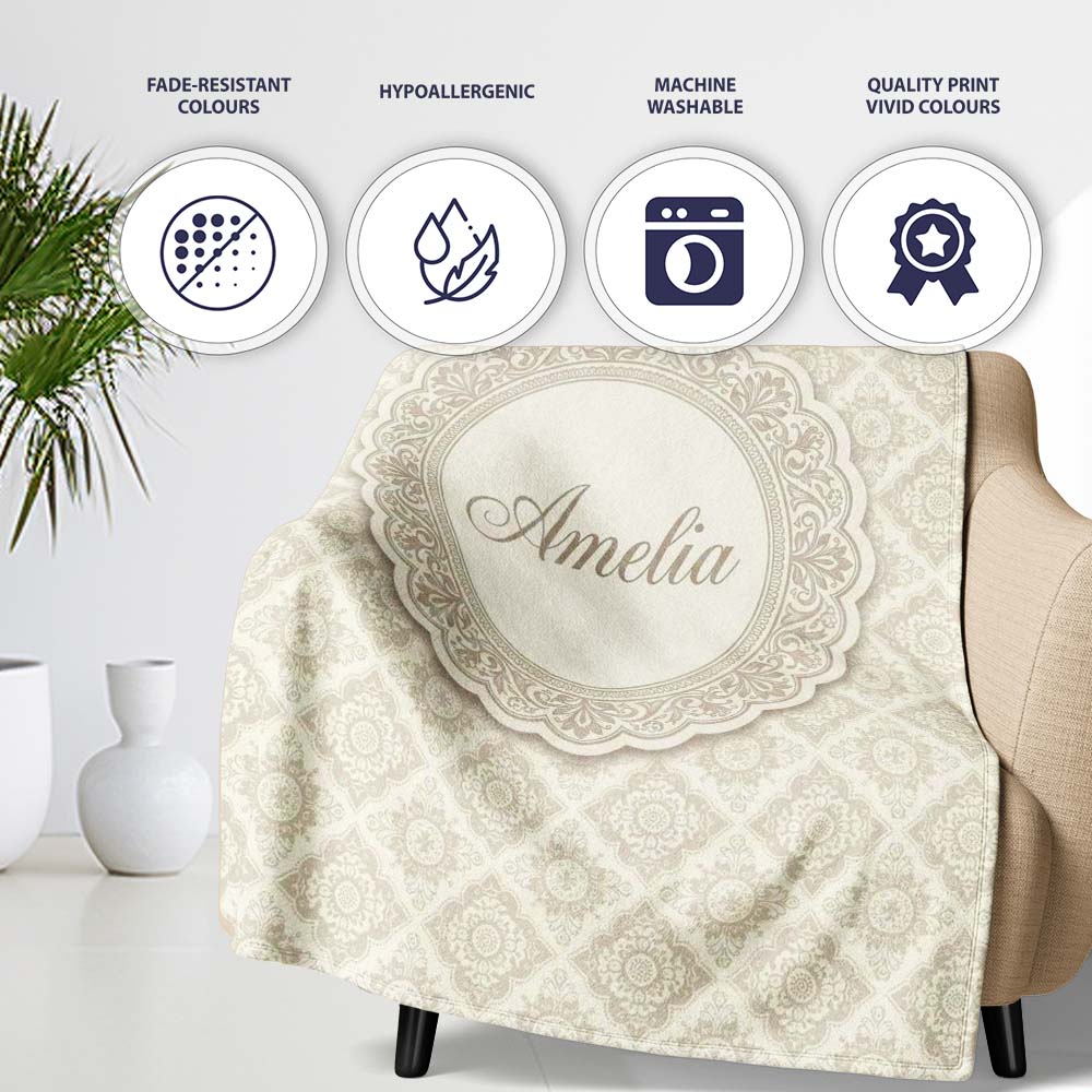 Elegant Beige Damask Floral Classic Seamless Pattern Lovely Personalised Custom Name Super Soft Fleece Blanket Bed Sofa Throw