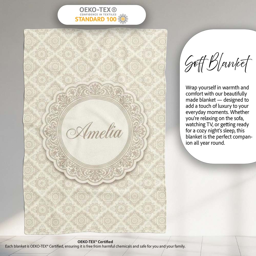 Elegant Beige Damask Floral Classic Seamless Pattern Lovely Personalised Custom Name Super Soft Fleece Blanket Bed Sofa Throw