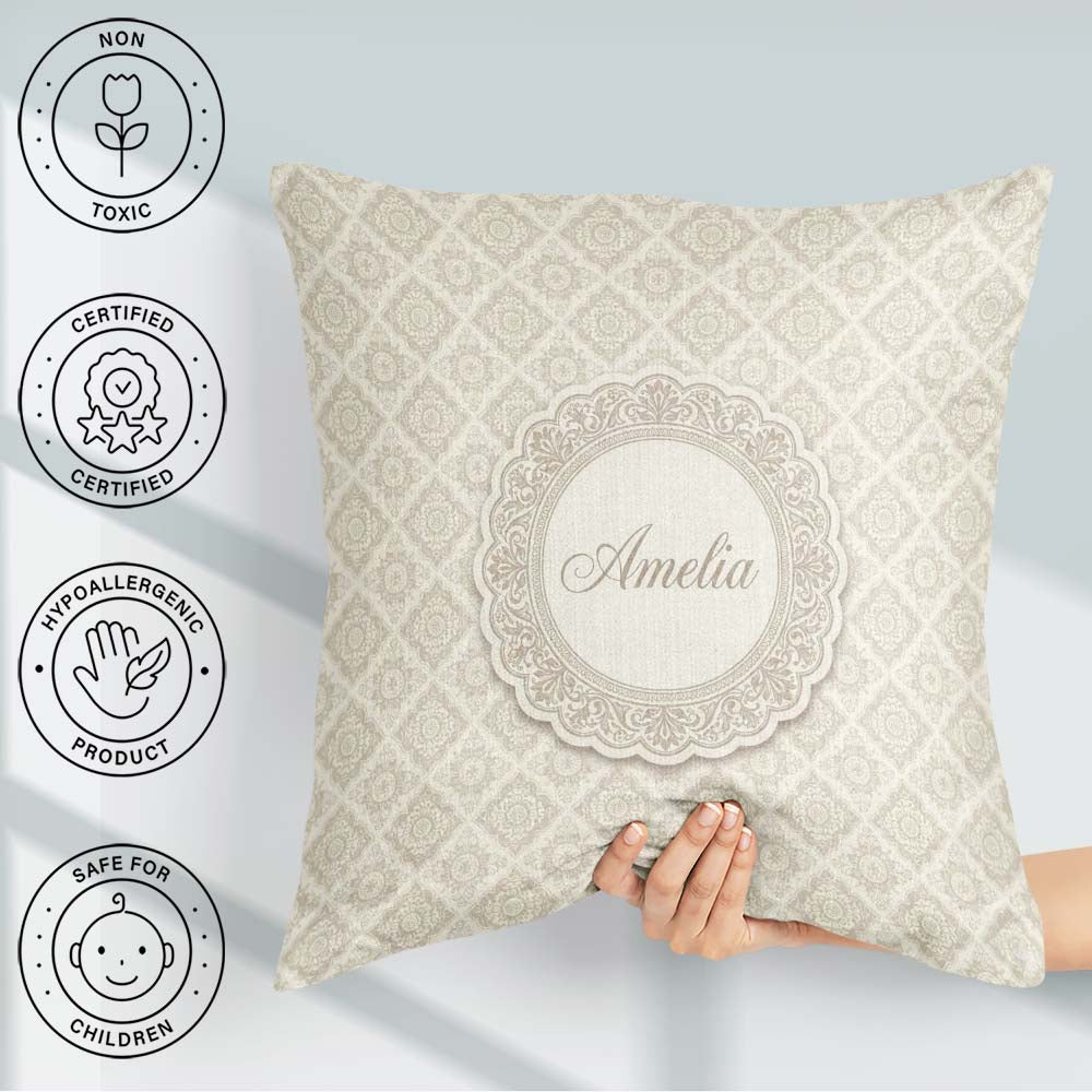 Custom Name Elegant Beige Damask Floral Classic Seamless Pattern Square Filled Cushion Throw Pillow Sofa Bed Home Decor Zip Washable UK Made
