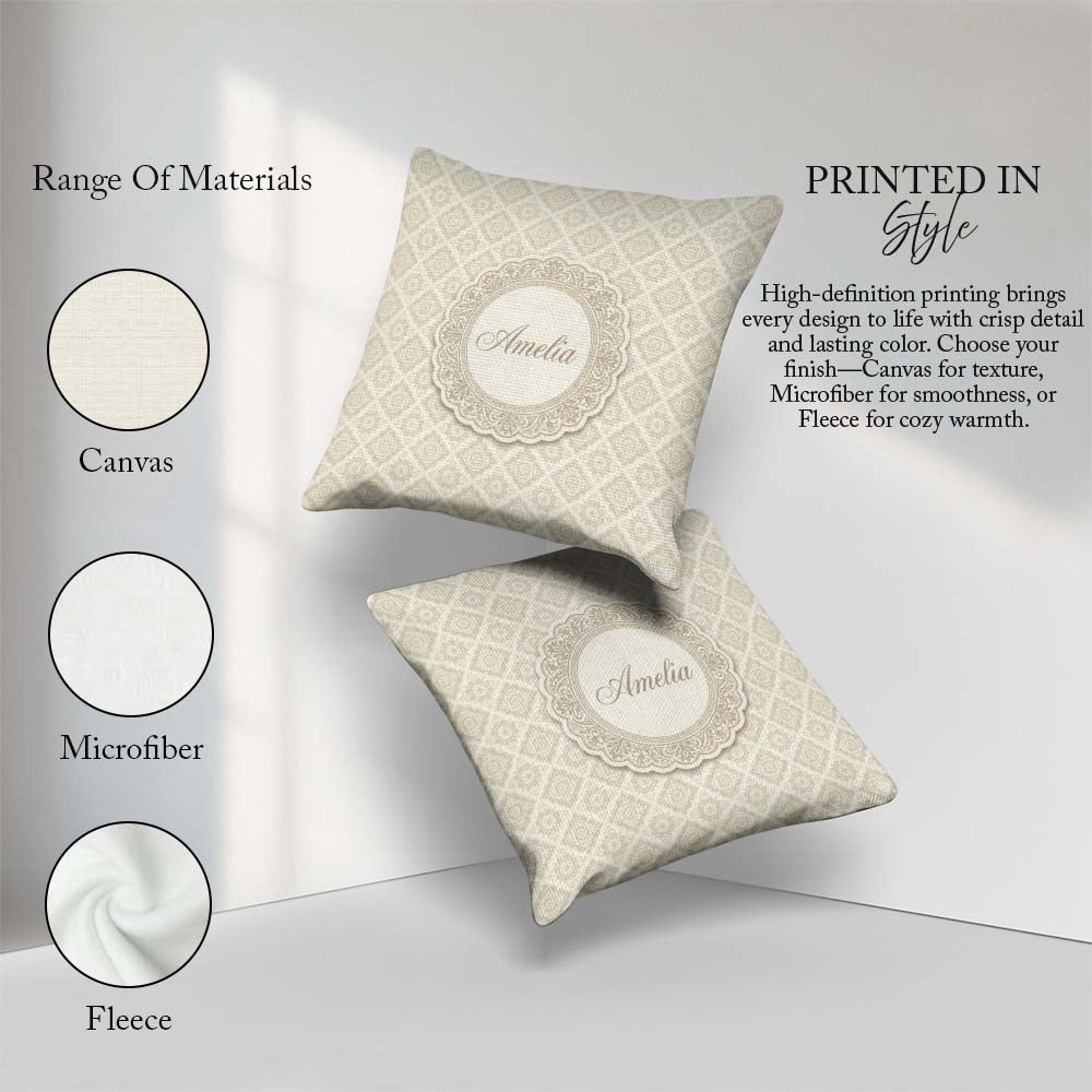 Custom Name Elegant Beige Damask Floral Classic Seamless Pattern Square Filled Cushion Throw Pillow Sofa Bed Home Decor Zip Washable UK Made