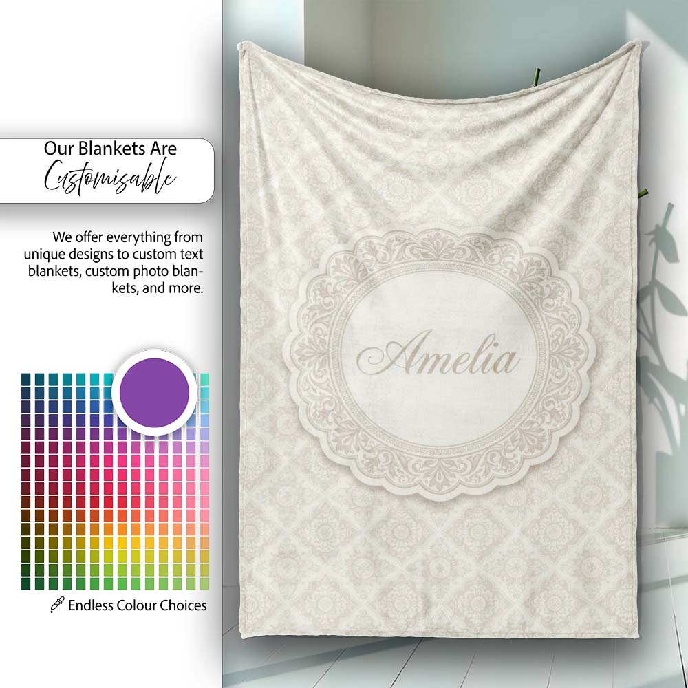 Elegant Beige Damask Floral Classic Seamless Pattern Lovely Personalised Custom Name Super Soft Fleece Blanket Bed Sofa Throw