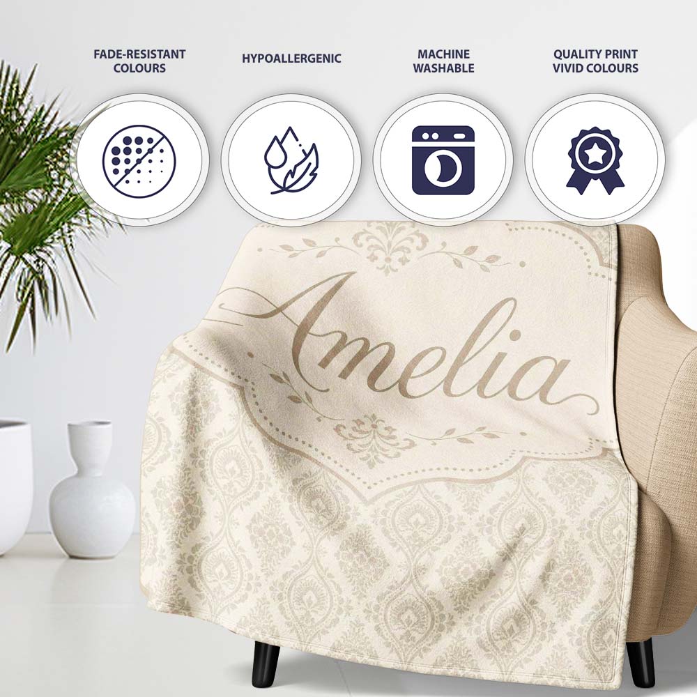 Classic Ornamental Teardrop Damask Beige Seamless Pattern Lovely Personalised Custom Name Super Soft Fleece Blanket Bed Sofa Throw