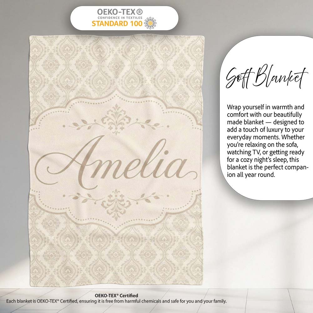 Classic Ornamental Teardrop Damask Beige Seamless Pattern Lovely Personalised Custom Name Super Soft Fleece Blanket Bed Sofa Throw