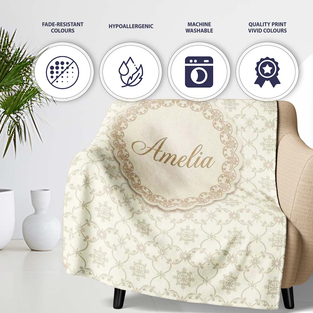 Soft Beige Geometric Floral Lattice Seamless Pattern Lovely Personalised Custom Name Super Soft Fleece Blanket Bed Sofa Throw
