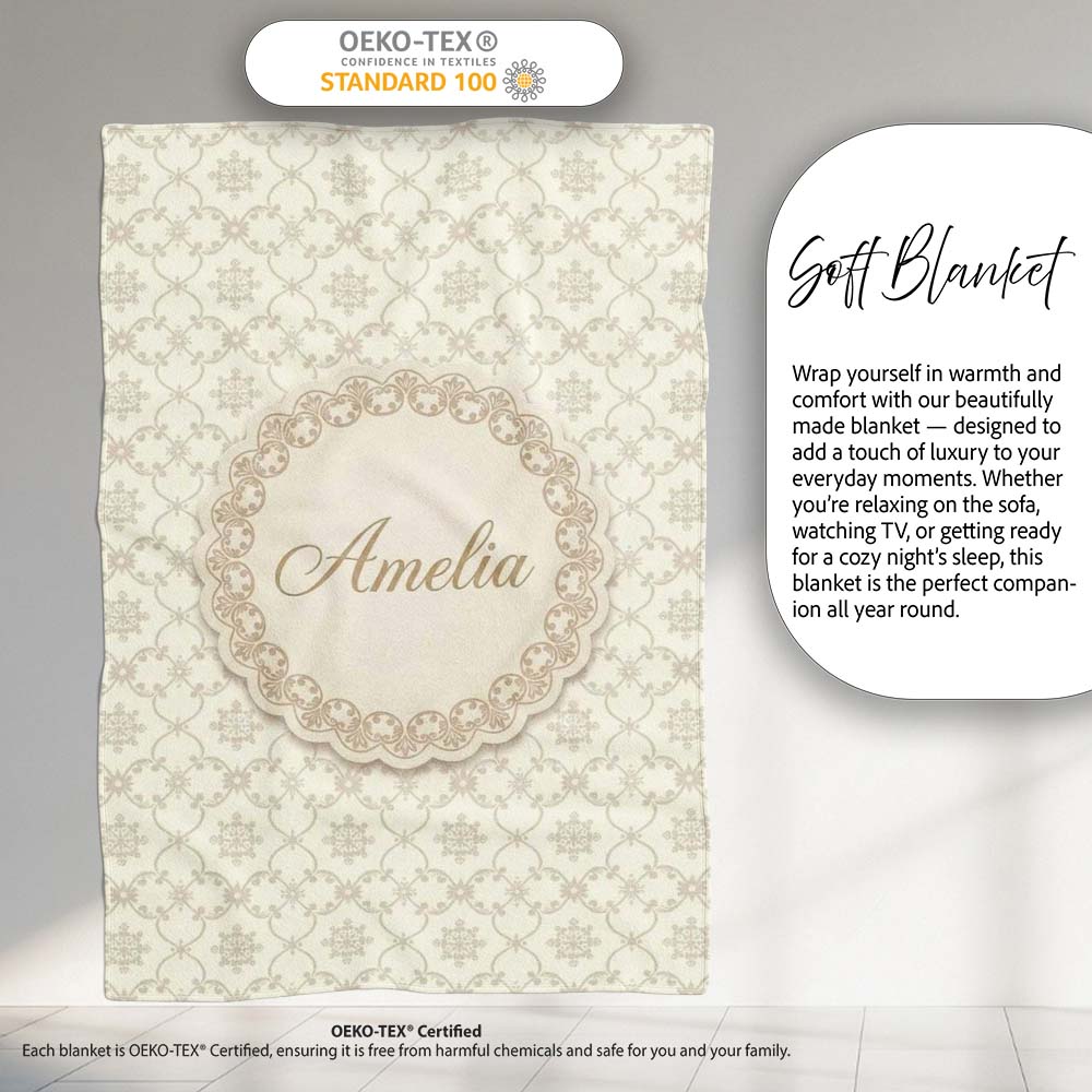 Soft Beige Geometric Floral Lattice Seamless Pattern Lovely Personalised Custom Name Super Soft Fleece Blanket Bed Sofa Throw