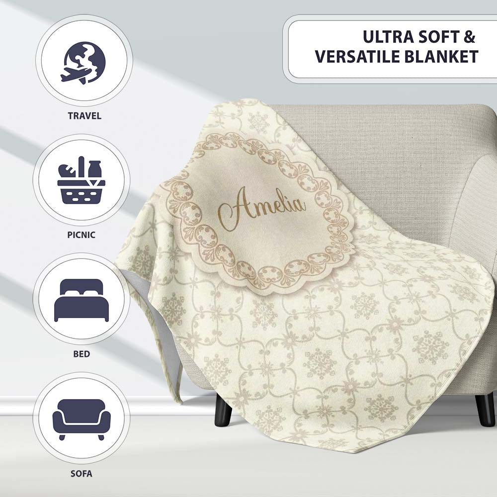 Soft Beige Geometric Floral Lattice Seamless Pattern Lovely Personalised Custom Name Super Soft Fleece Blanket Bed Sofa Throw