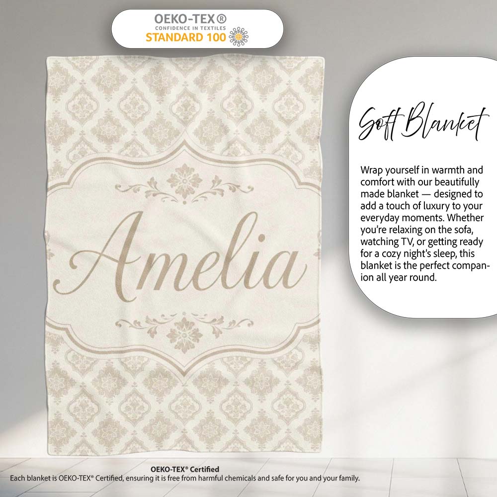 Vintage Inspired Floral Scroll Neutral Seamless Pattern Lovely Personalised Custom Name Super Soft Fleece Blanket Bed Sofa Throw