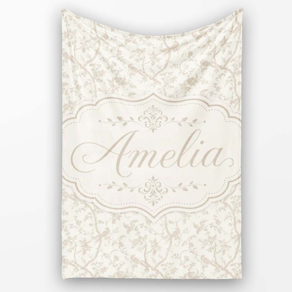 Elegant Birds and Branches Toile Style Seamless Pattern Lovely Personalised Custom Name Super Soft Fleece Blanket Bed Sofa Throw