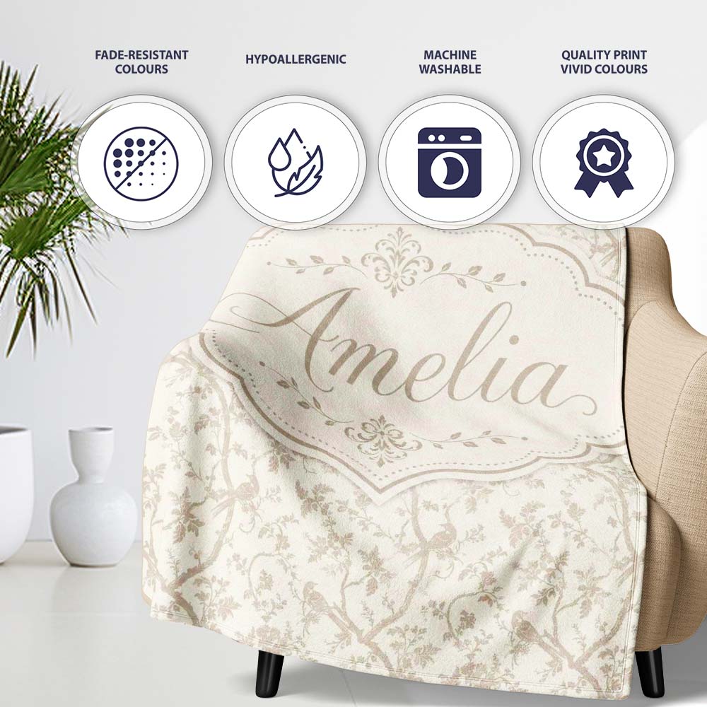 Elegant Birds and Branches Toile Style Seamless Pattern Lovely Personalised Custom Name Super Soft Fleece Blanket Bed Sofa Throw