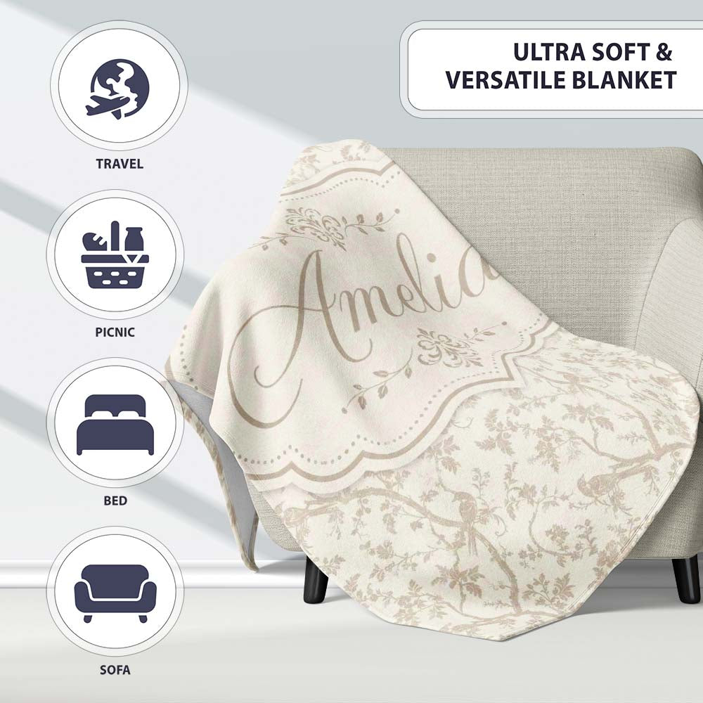 Elegant Birds and Branches Toile Style Seamless Pattern Lovely Personalised Custom Name Super Soft Fleece Blanket Bed Sofa Throw