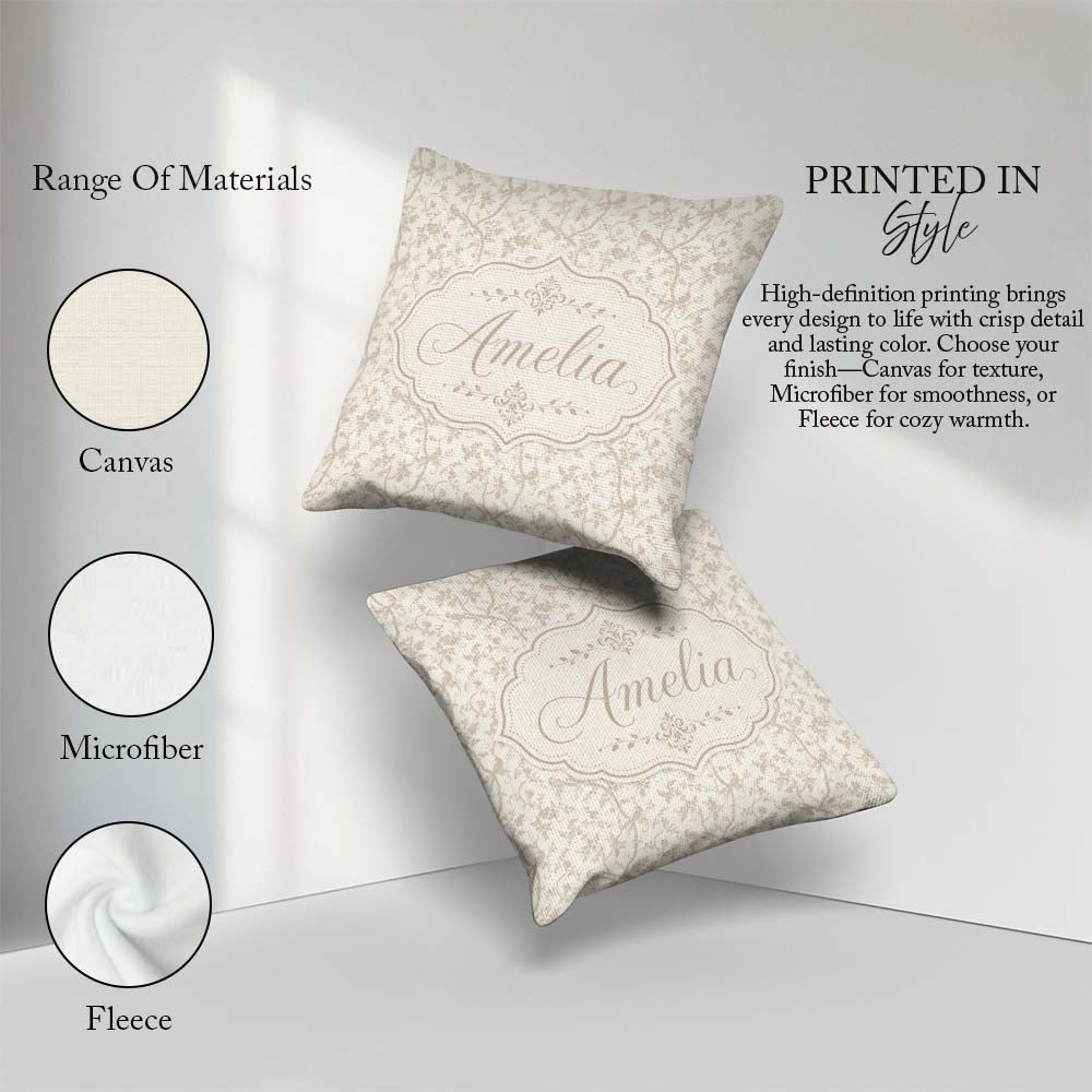 Custom Name Elegant Birds Branches Toile Style Seamless Pattern Square Filled Cushion Throw Pillow Sofa Bed Home Decor Zip Washable UK Made