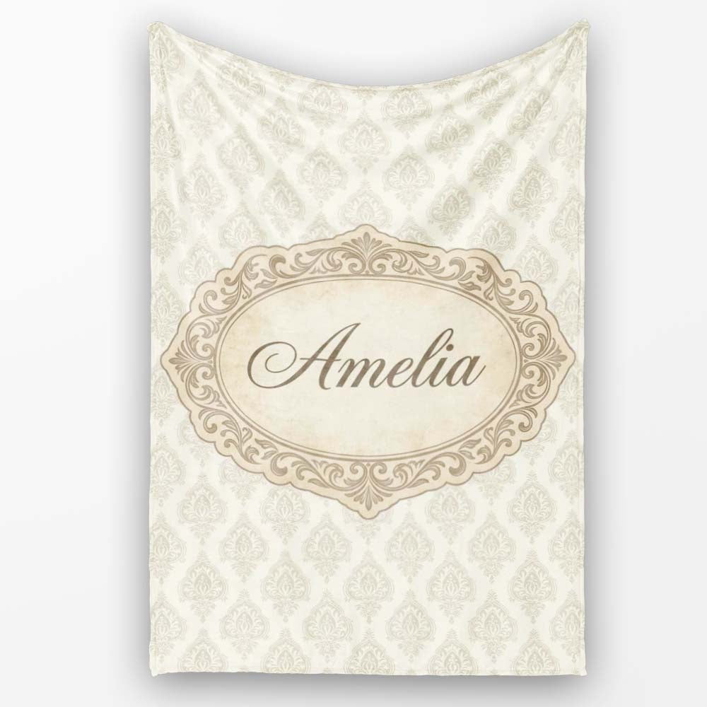 Classic Beige Ornamental Damask Motif Seamless Pattern Lovely Personalised Custom Name Super Soft Fleece Blanket Bed Sofa Throw
