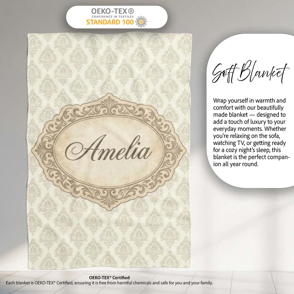 Classic Beige Ornamental Damask Motif Seamless Pattern Lovely Personalised Custom Name Super Soft Fleece Blanket Bed Sofa Throw