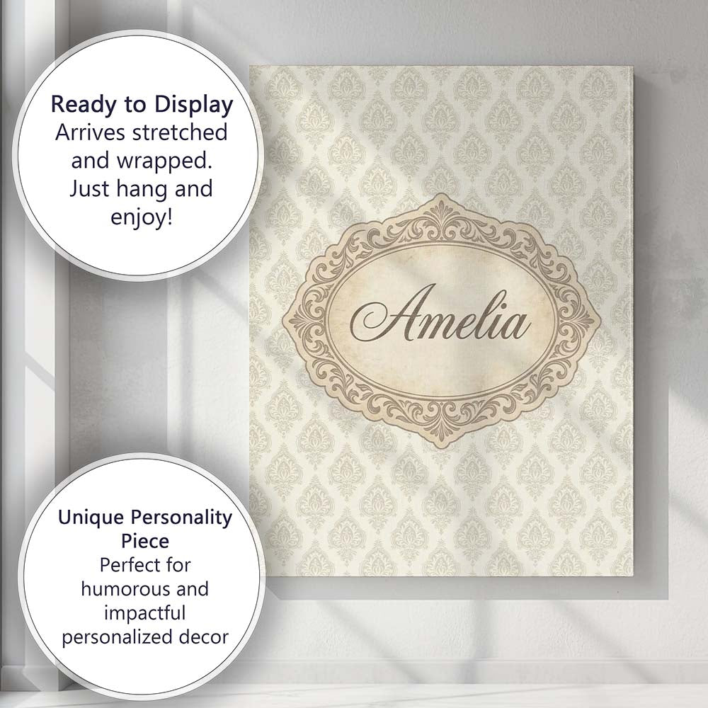 Personalised Name Classic Beige Ornamental Custom Unique Gift Idea Elegant Feature Canvas Wall Art Print Decor Picture Ready to Hang