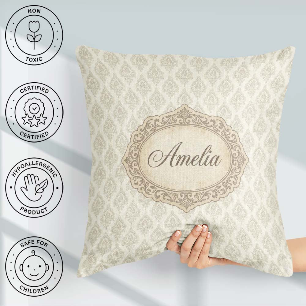 Custom Name Classic Beige Ornamental Damask Motif Pattern Lovely Square Filled Cushion Throw Pillow Sofa Bed Home Decor Zip Washable UK Made