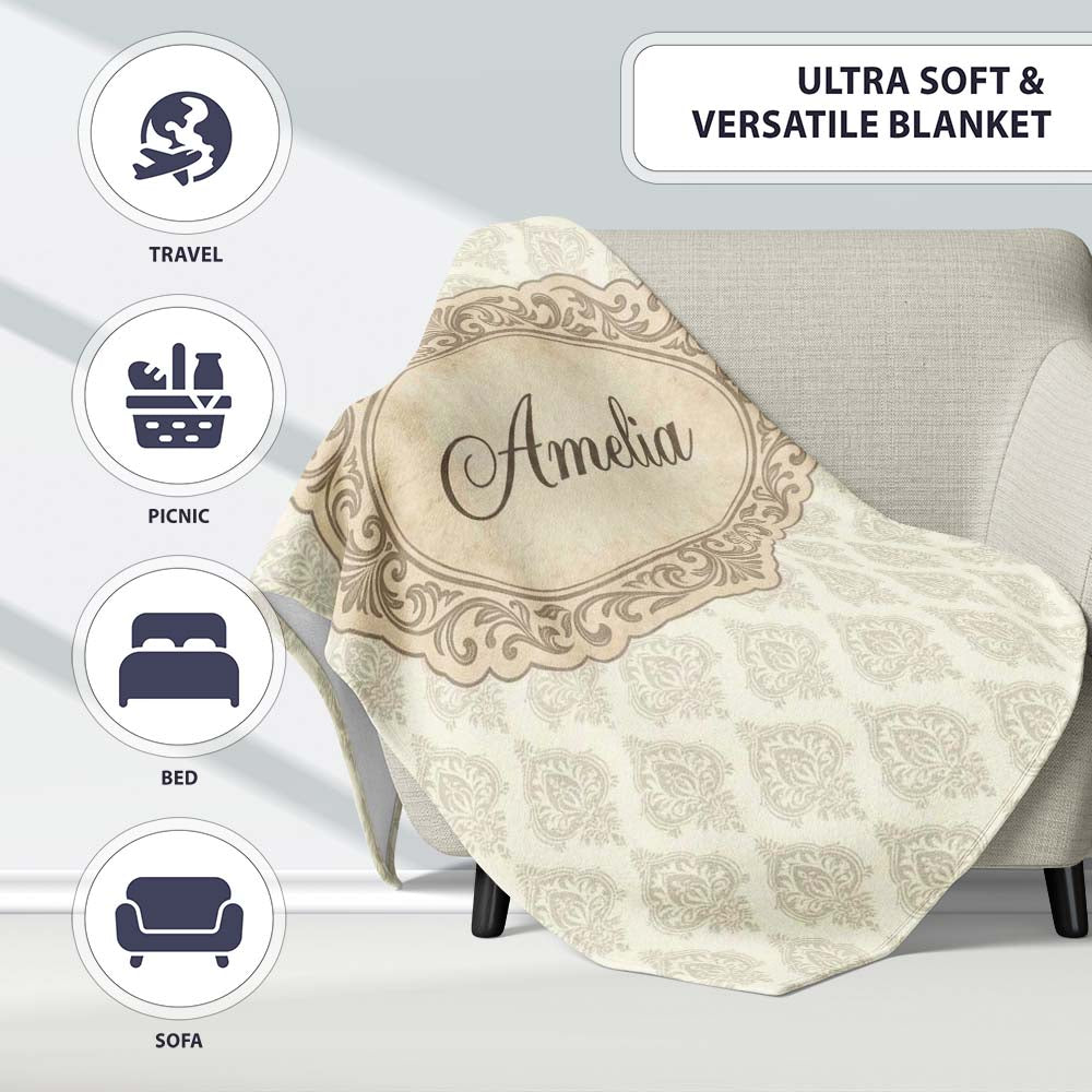 Classic Beige Ornamental Damask Motif Seamless Pattern Lovely Personalised Custom Name Super Soft Fleece Blanket Bed Sofa Throw