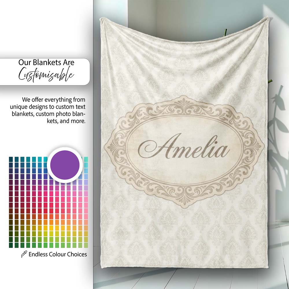 Classic Beige Ornamental Damask Motif Seamless Pattern Lovely Personalised Custom Name Super Soft Fleece Blanket Bed Sofa Throw