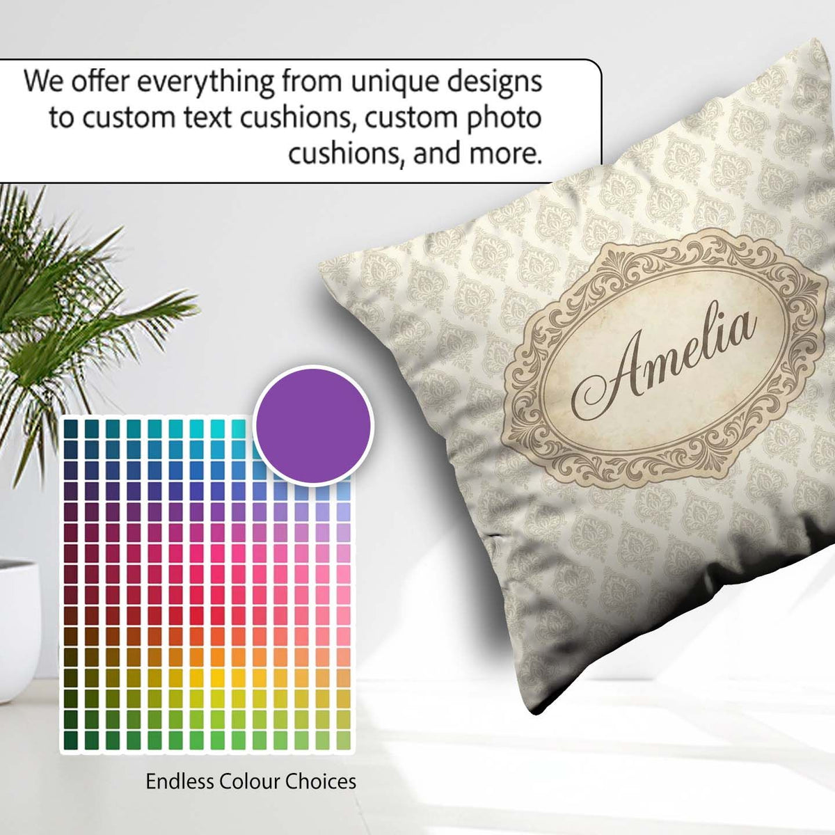 Custom Name Classic Beige Ornamental Damask Motif Pattern Lovely Square Filled Cushion Throw Pillow Sofa Bed Home Decor Zip Washable UK Made