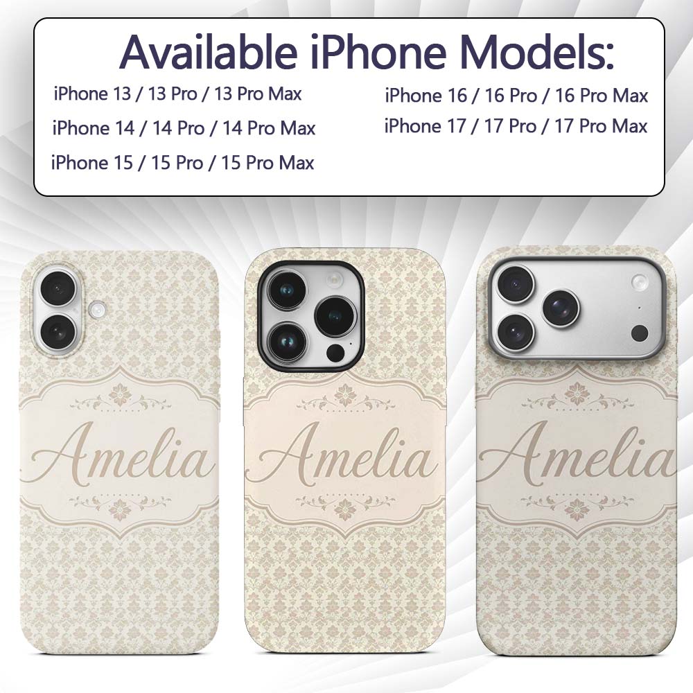 Vintage Beige Floral Damask Repeating Seamless Custom Name Protective Phone Case Mobile Cover Durable Everyday Smartphone Shock Resistant