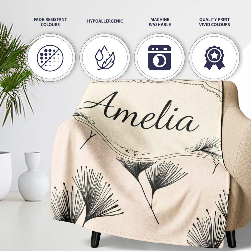 Delicate Botanical Sprigs Black Cream Minimal Floral Pattern Lovely Personalised Custom Name Super Soft Fleece Blanket Bed Sofa Throw