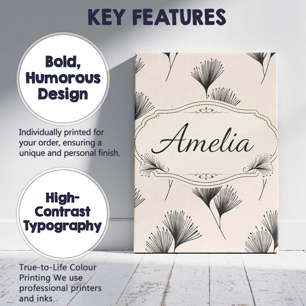 Personalised Name Delicate Botanical Sprigs Black Cream Minimal Custom Statement Canvas Wall Art Print Decor Picture Ready to Hang