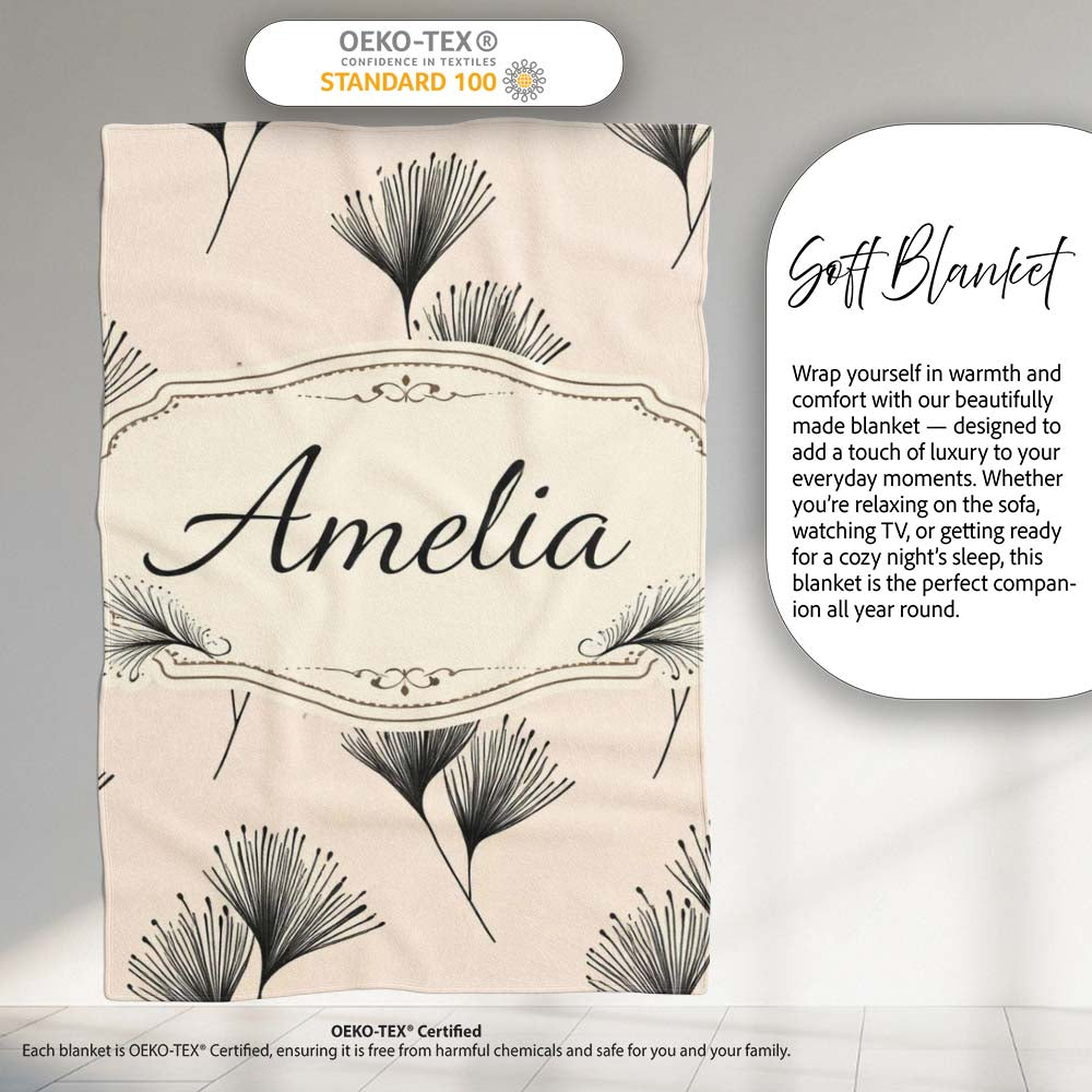 Delicate Botanical Sprigs Black Cream Minimal Floral Pattern Lovely Personalised Custom Name Super Soft Fleece Blanket Bed Sofa Throw