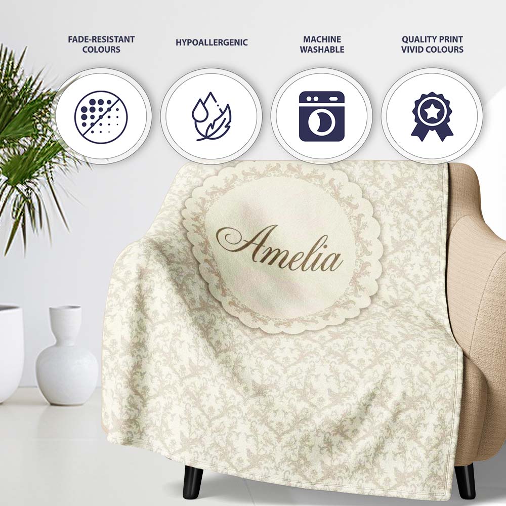 Delicate Vintage Floral Vine Beige Seamless Pattern Cute Unique Gift Personalised Custom Name Super Soft Fleece Blanket Bed Sofa Throw