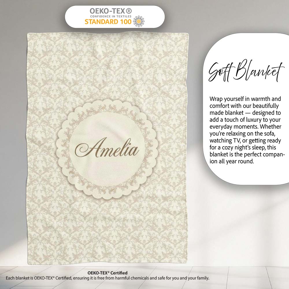 Delicate Vintage Floral Vine Beige Seamless Pattern Cute Unique Gift Personalised Custom Name Super Soft Fleece Blanket Bed Sofa Throw