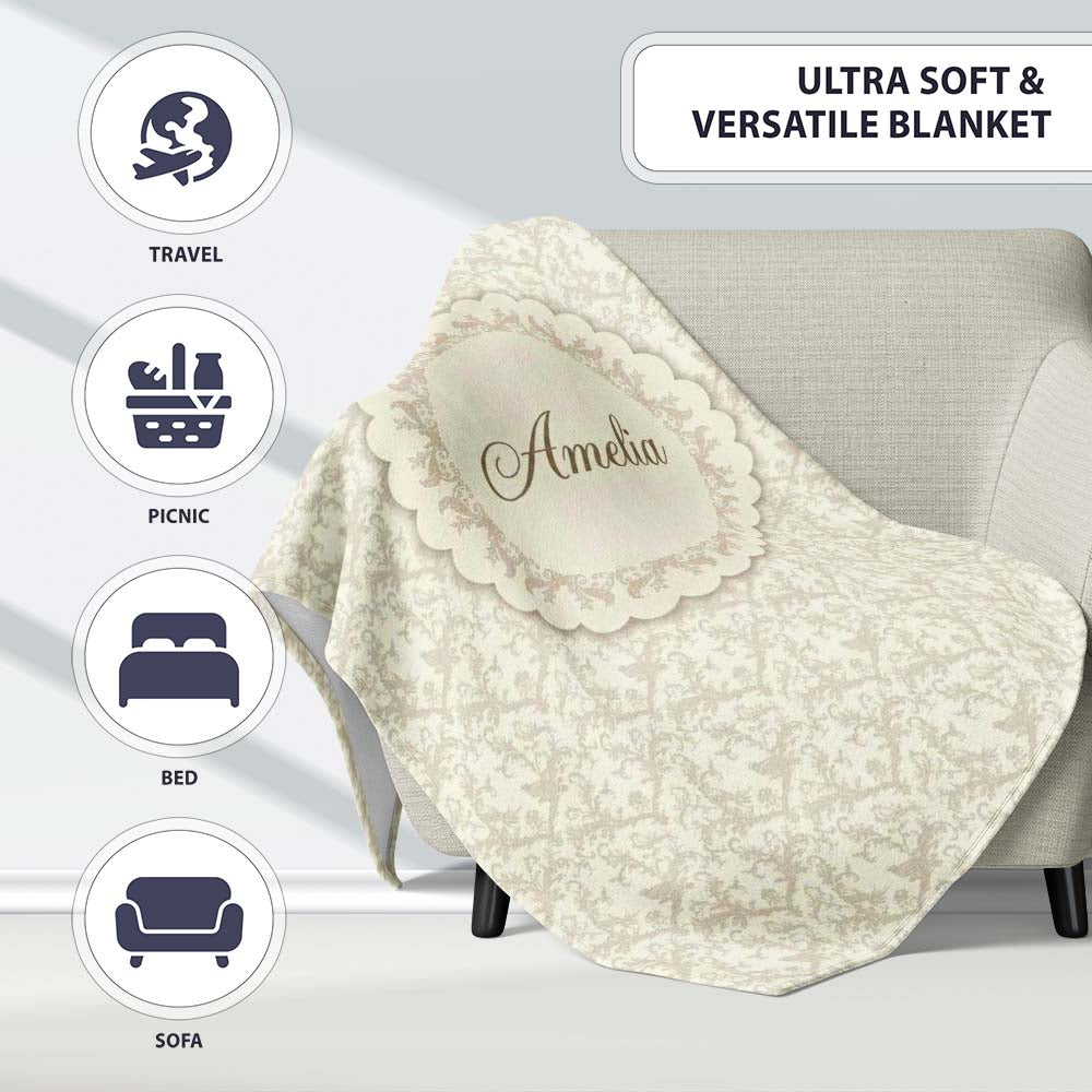 Delicate Vintage Floral Vine Beige Seamless Pattern Cute Unique Gift Personalised Custom Name Super Soft Fleece Blanket Bed Sofa Throw