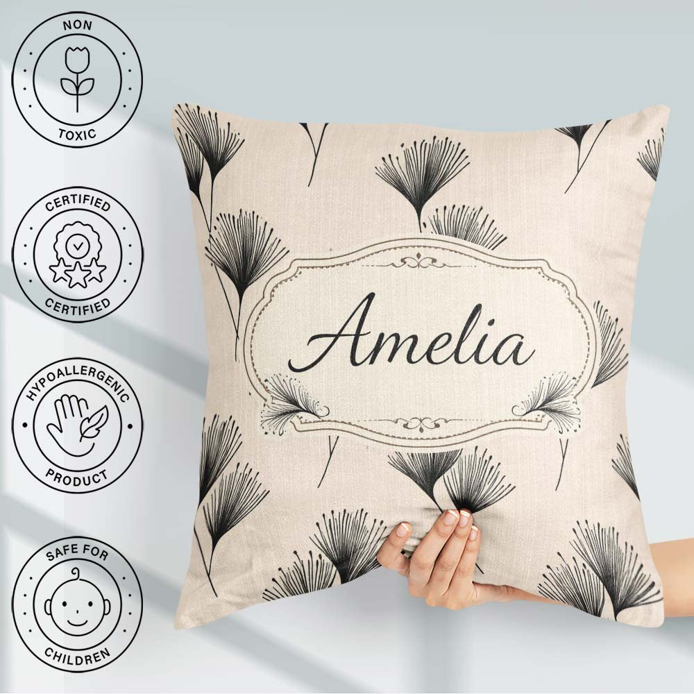 Custom Name Delicate Botanical Sprigs Black Cream Minimal Floral Square Filled Cushion Throw Pillow Sofa Bed Home Decor Zip Washable UK Made