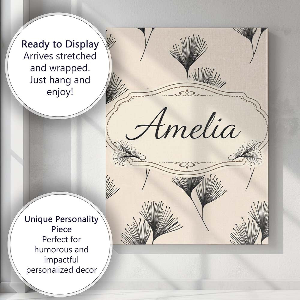 Personalised Name Delicate Botanical Sprigs Black Cream Minimal Custom Statement Canvas Wall Art Print Decor Picture Ready to Hang