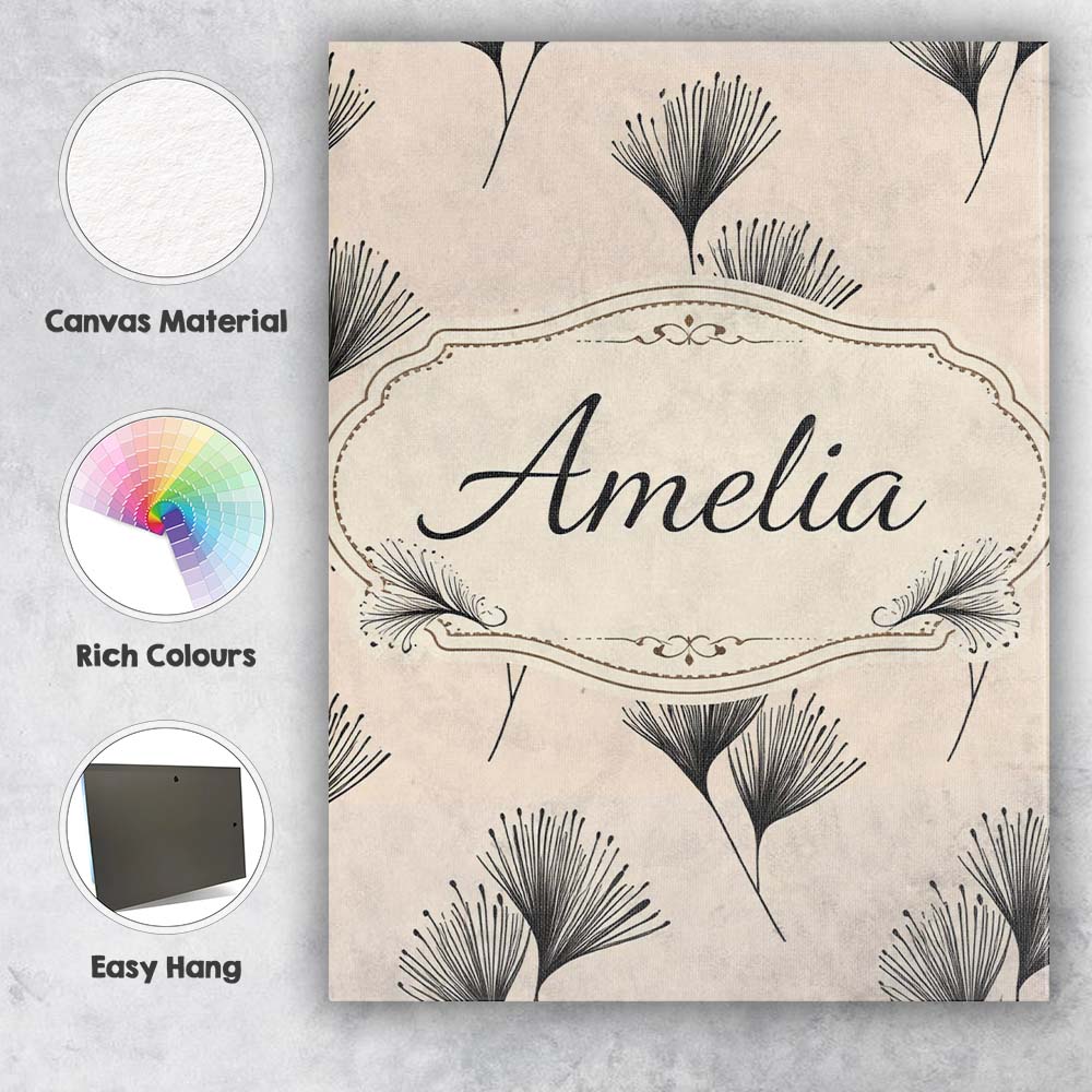 Personalised Name Delicate Botanical Sprigs Black Cream Minimal Custom Statement Canvas Wall Art Print Decor Picture Ready to Hang