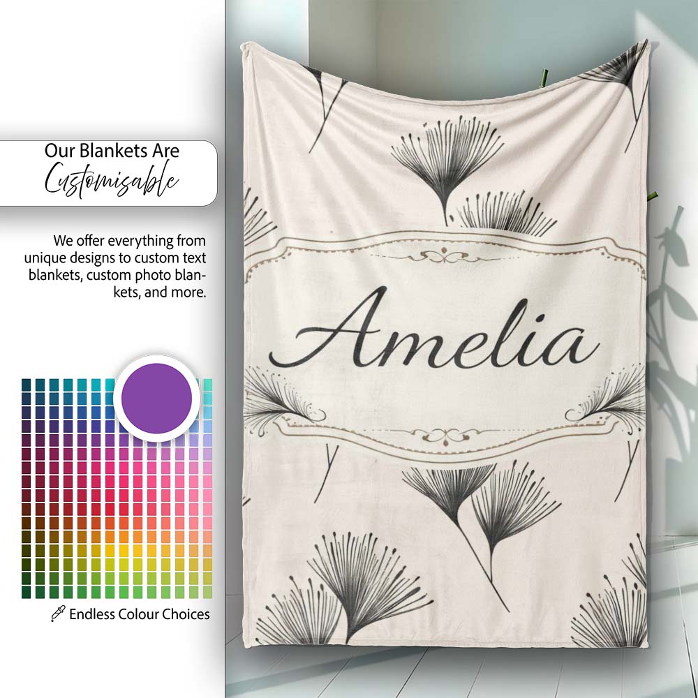 Delicate Botanical Sprigs Black Cream Minimal Floral Pattern Lovely Personalised Custom Name Super Soft Fleece Blanket Bed Sofa Throw