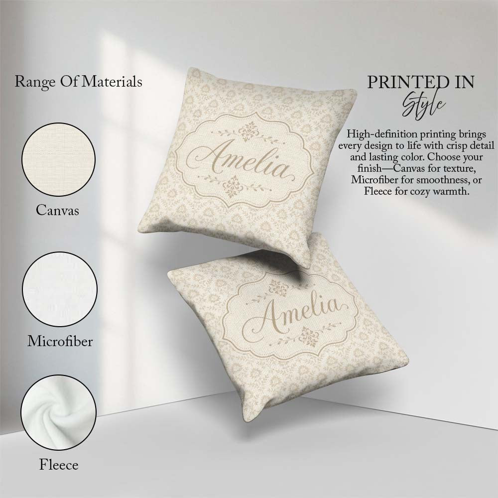 Custom Name Soft Neutral Floral Bouquet Repeating Pattern Lovely Square Filled Cushion Throw Pillow Sofa Bed Home Decor Zip Washable UK Made