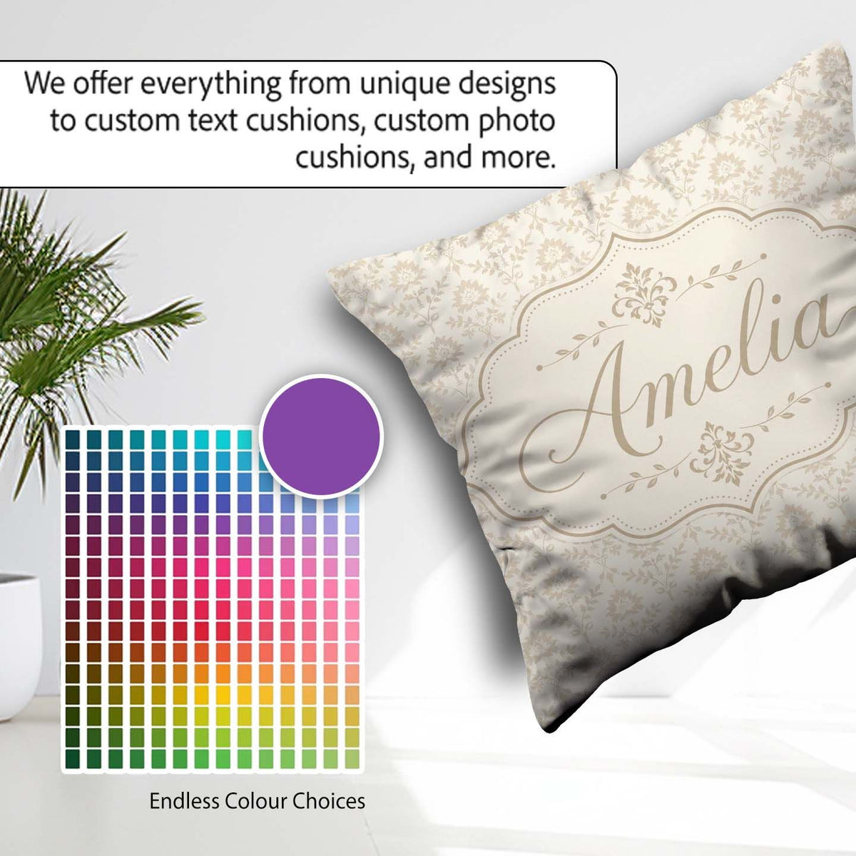 Custom Name Soft Neutral Floral Bouquet Repeating Pattern Lovely Square Filled Cushion Throw Pillow Sofa Bed Home Decor Zip Washable UK Made