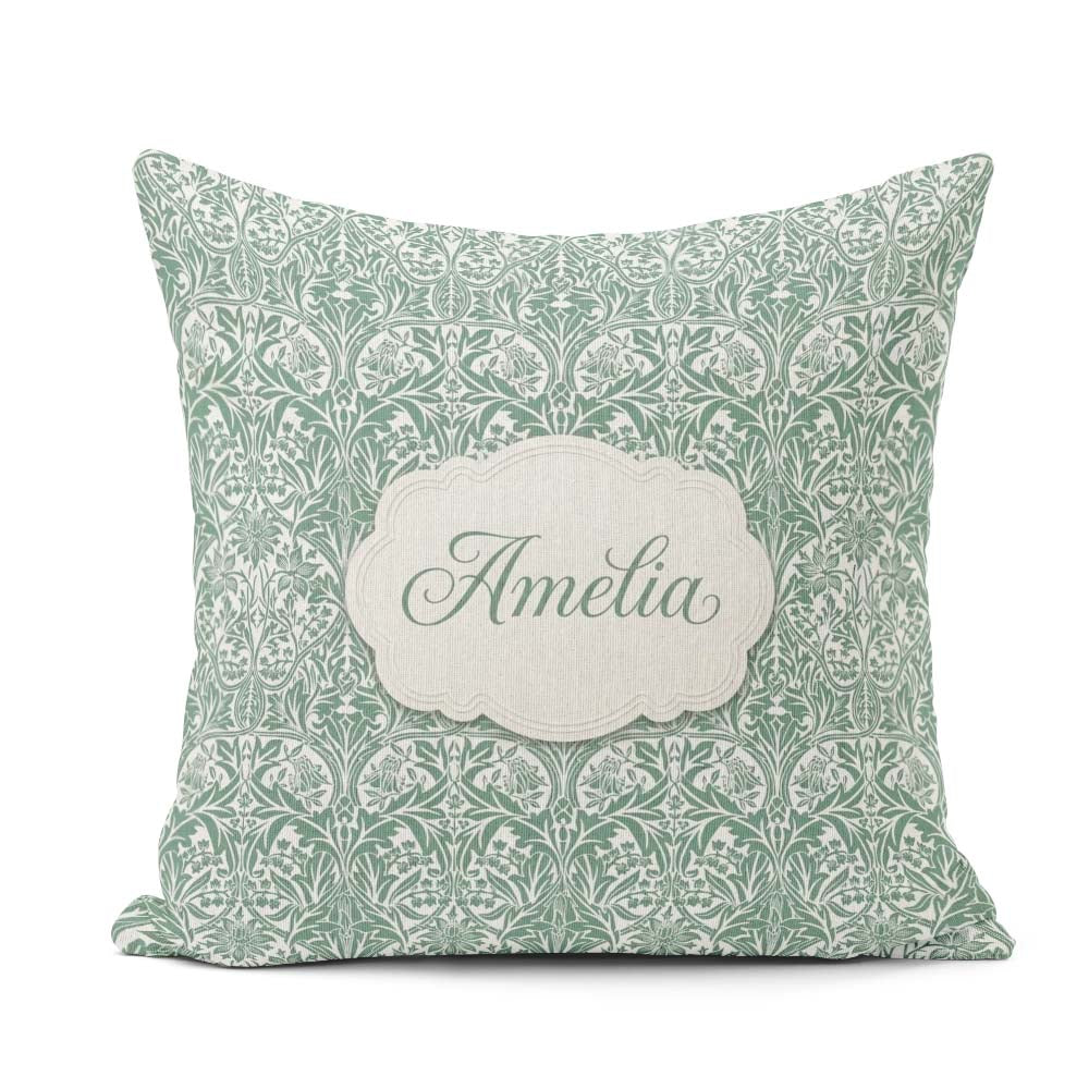 Custom Name Classic William Morris Style Green Botanical Pattern Square Filled Cushion Throw Pillow Sofa Bed Home Decor Zip Washable UK Made