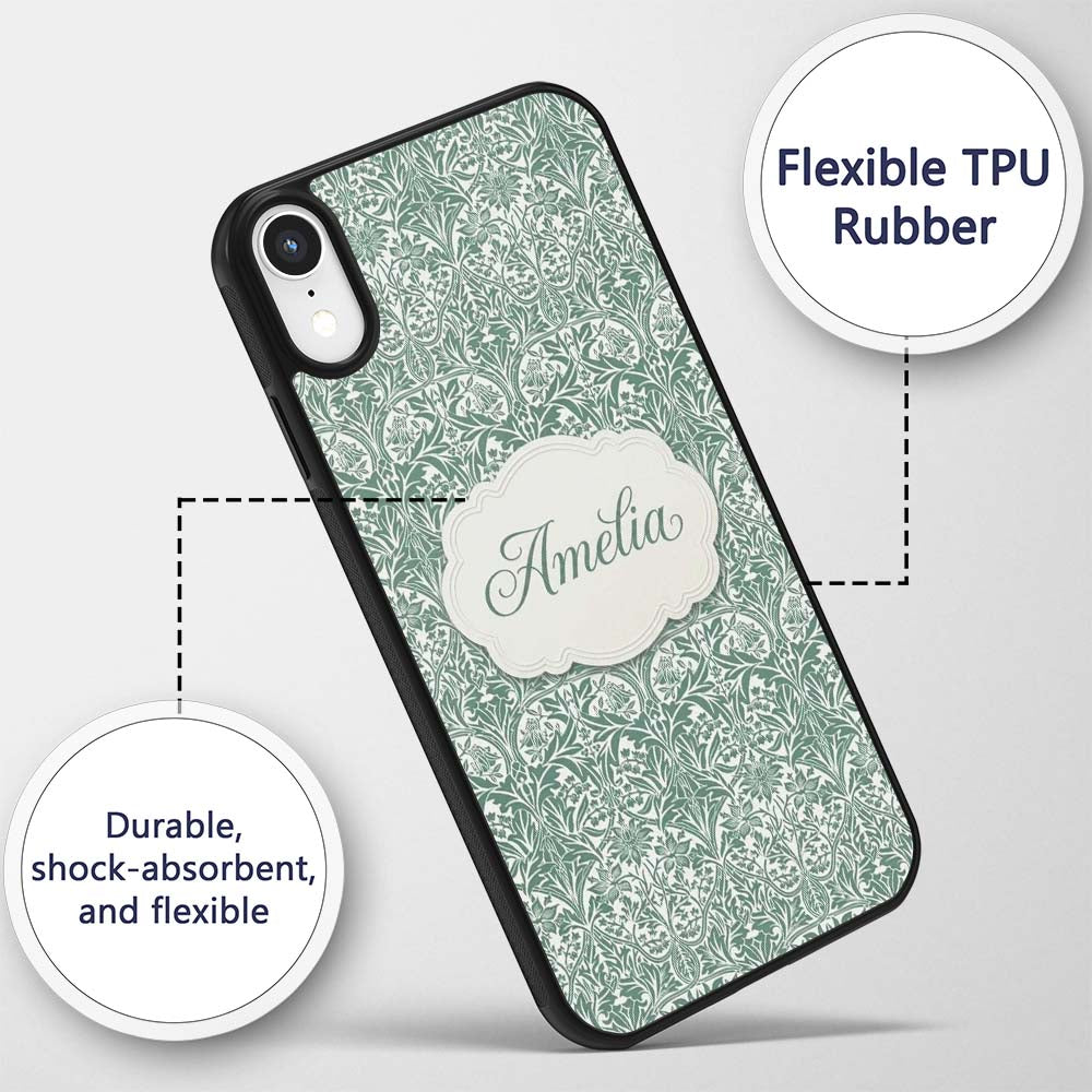 Classic William Morris Style Green Botanical Custom Name Protective Phone Case Mobile Cover Durable Everyday Smartphone Shock Resistant