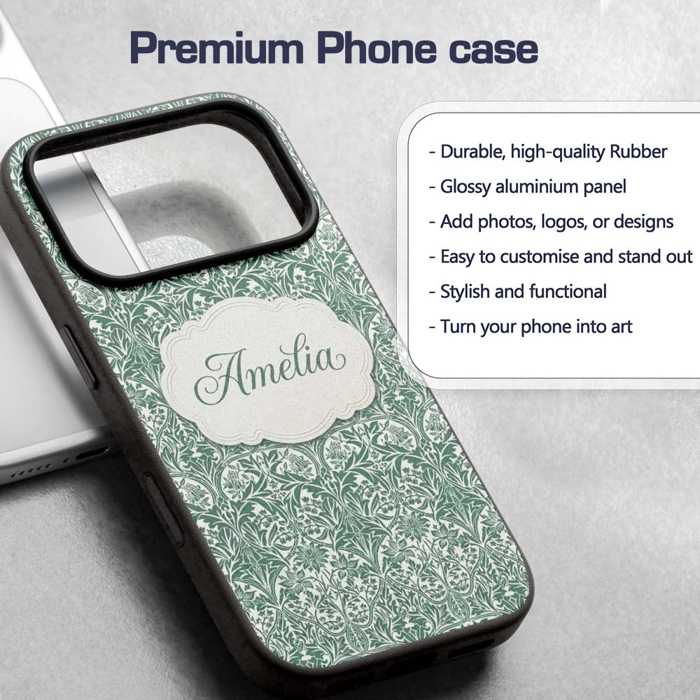 Classic William Morris Style Green Botanical Custom Name Protective Phone Case Mobile Cover Durable Everyday Smartphone Shock Resistant
