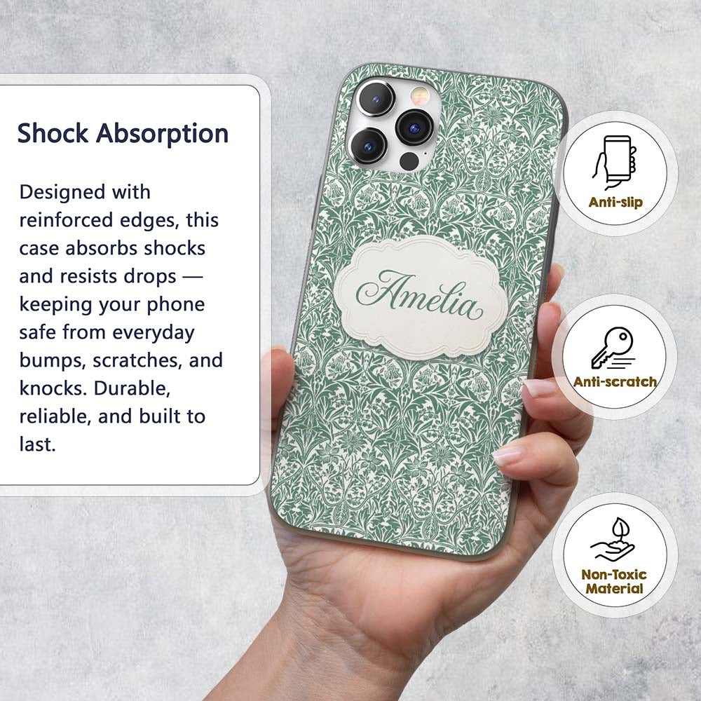 Classic William Morris Style Green Botanical Custom Name Protective Phone Case Mobile Cover Durable Everyday Smartphone Shock Resistant