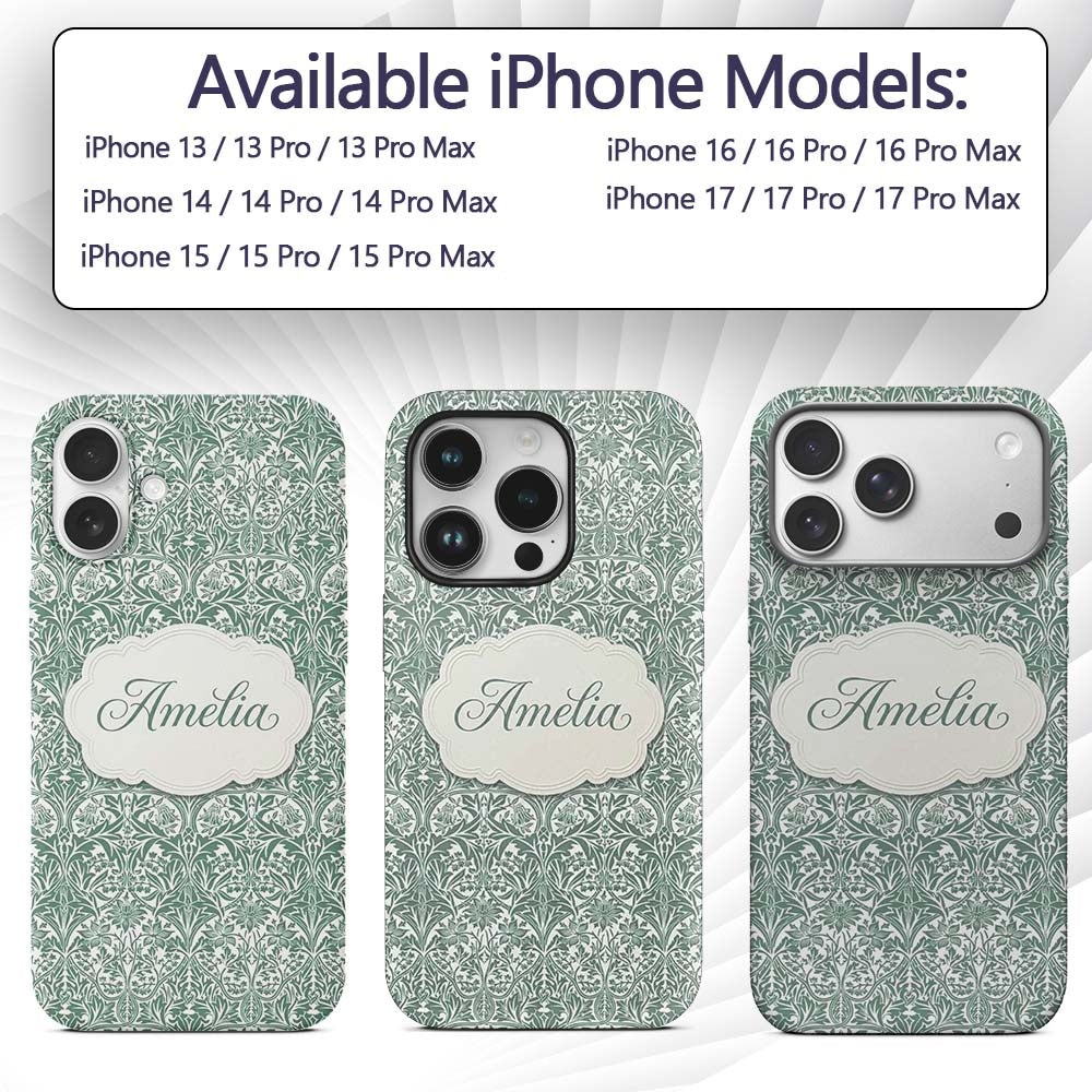 Classic William Morris Style Green Botanical Custom Name Protective Phone Case Mobile Cover Durable Everyday Smartphone Shock Resistant
