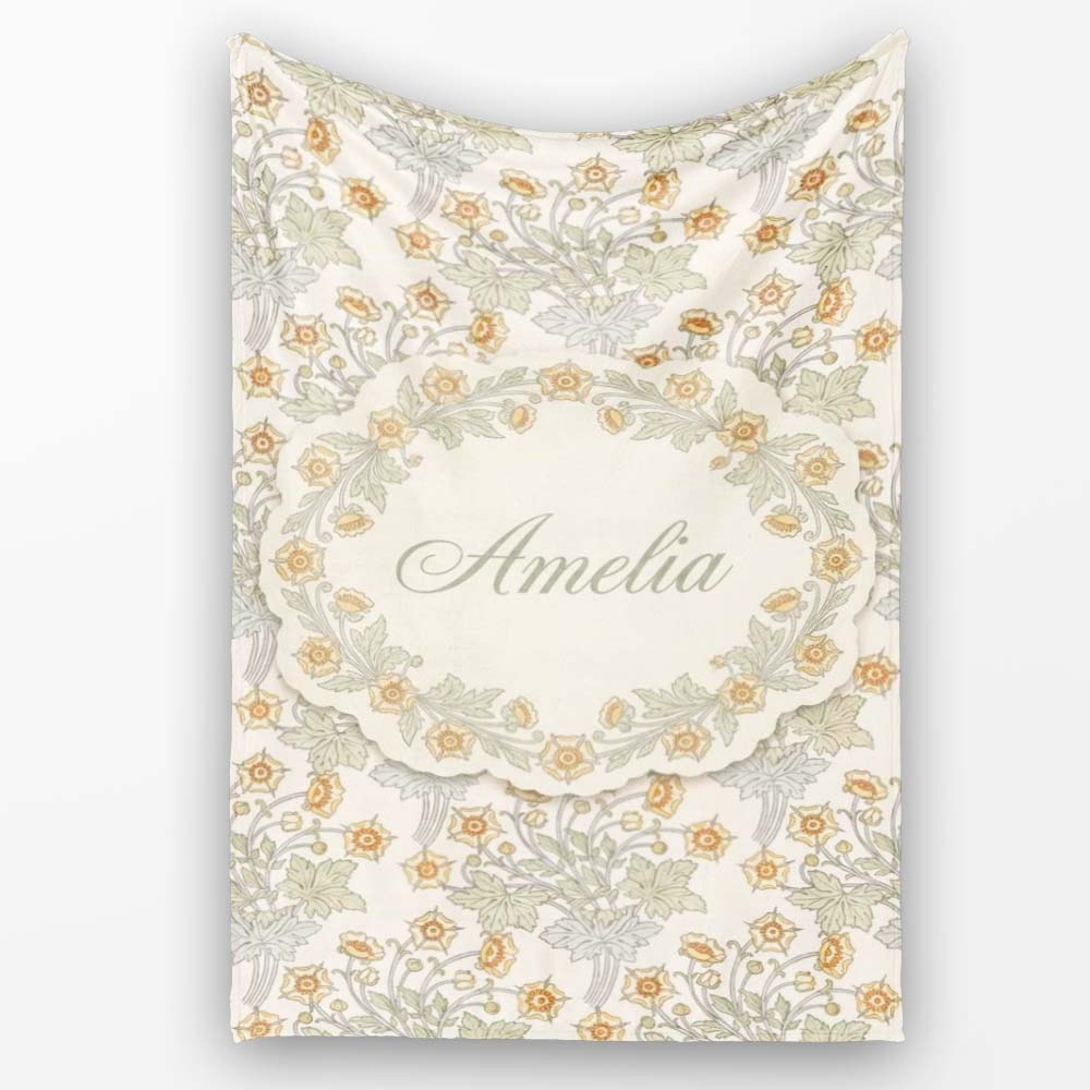 Vintage Botanical Flowers and Leaves Natural Seamless Pattern Lovely Personalised Custom Name Super Soft Fleece Blanket Bed Sofa Throw