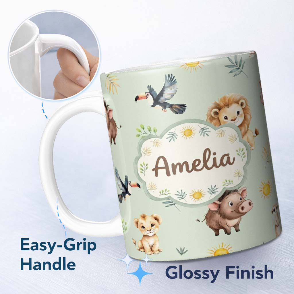 Personalized Custom Name Jungle Animals Lion Meerkat Toucan Boar on Sage Green Seamless 11oz Ceramic Coffee Tea Mug White Large Handle