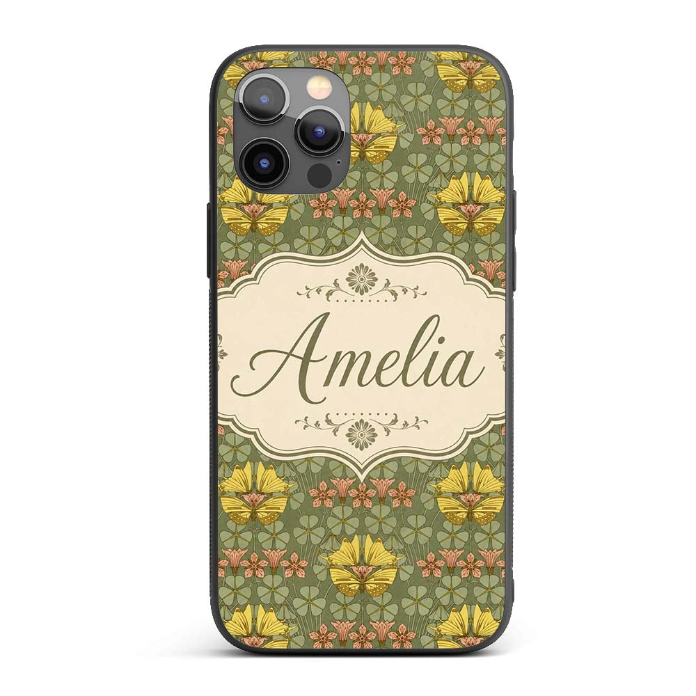 Art Nouveau Butterflies and Floral Printed Design Custom Name Protective Phone Case Mobile Cover Durable Everyday Smartphone Shock Resistant