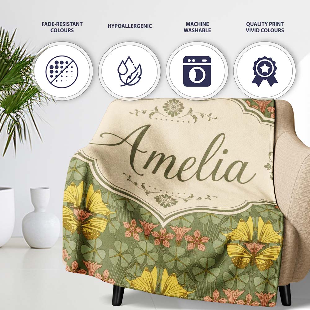 Art Nouveau Butterflies and Floral Garden Seamless Pattern Lovely Personalised Custom Name Super Soft Fleece Blanket Bed Sofa Throw