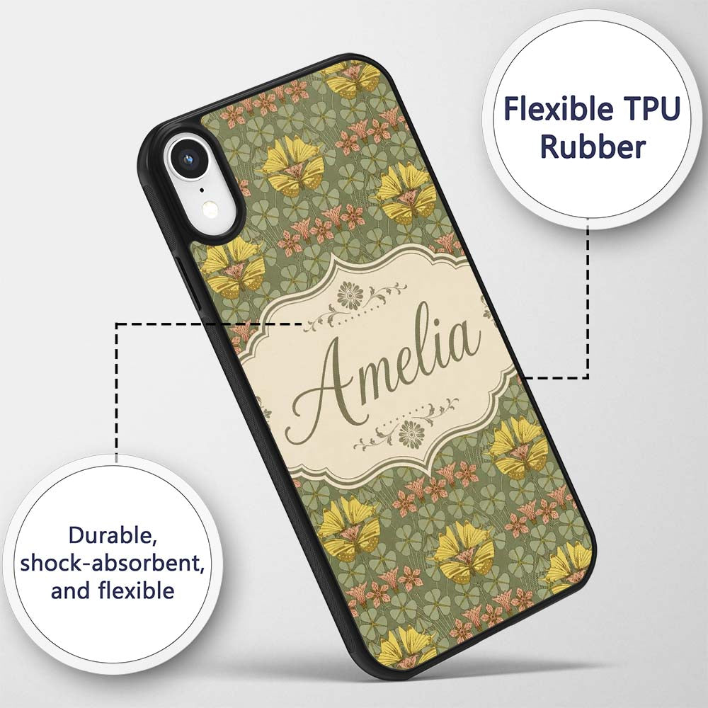Art Nouveau Butterflies and Floral Printed Design Custom Name Protective Phone Case Mobile Cover Durable Everyday Smartphone Shock Resistant
