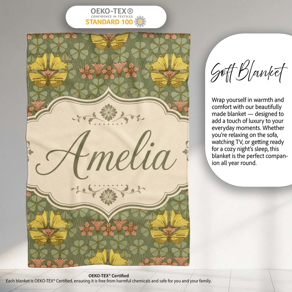 Art Nouveau Butterflies and Floral Garden Seamless Pattern Lovely Personalised Custom Name Super Soft Fleece Blanket Bed Sofa Throw