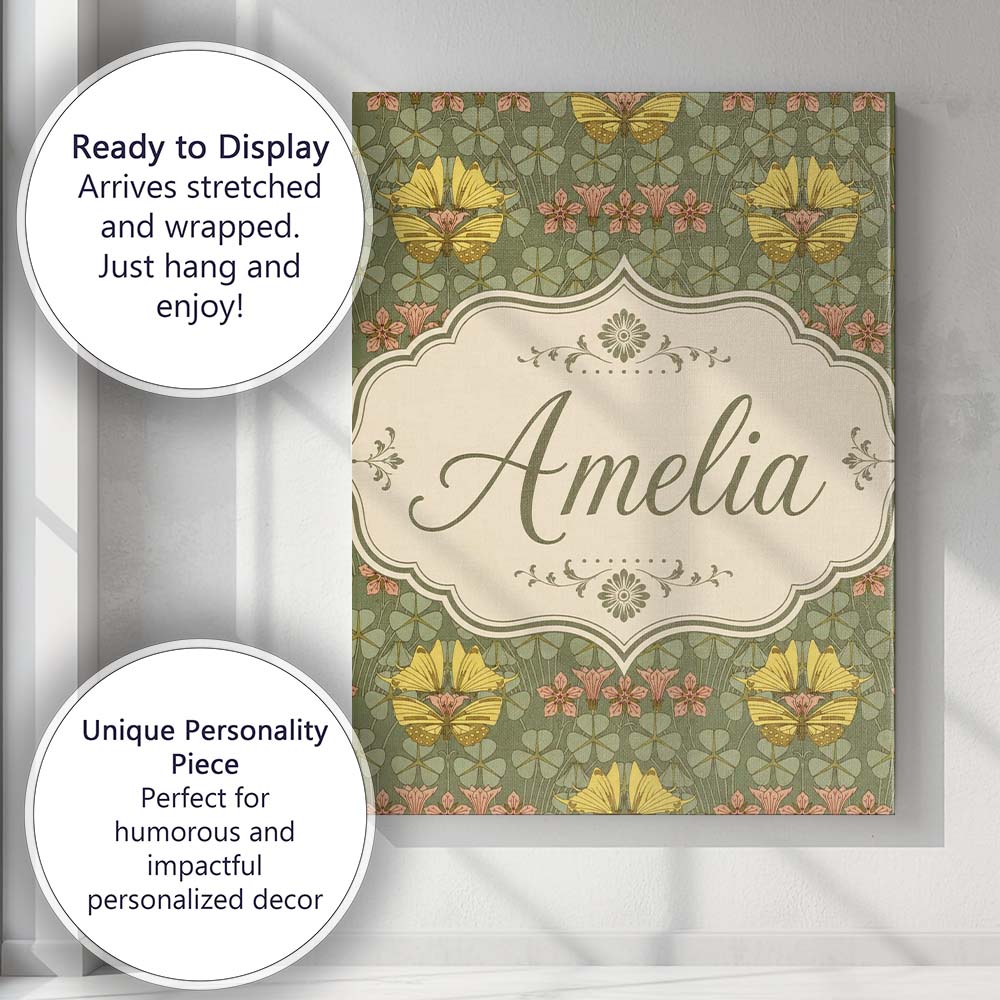 Personalised Name Nouveau Butterflies Custom Unique Gift Idea Modern Room Accent Canvas Wall Art Print Decor Picture Ready to Hang